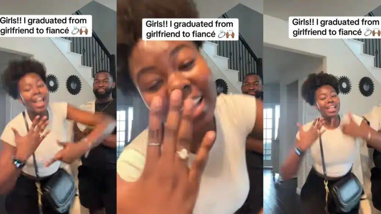 Beautiful lady happily celebrates as she graduates from girlfriend to fiancee